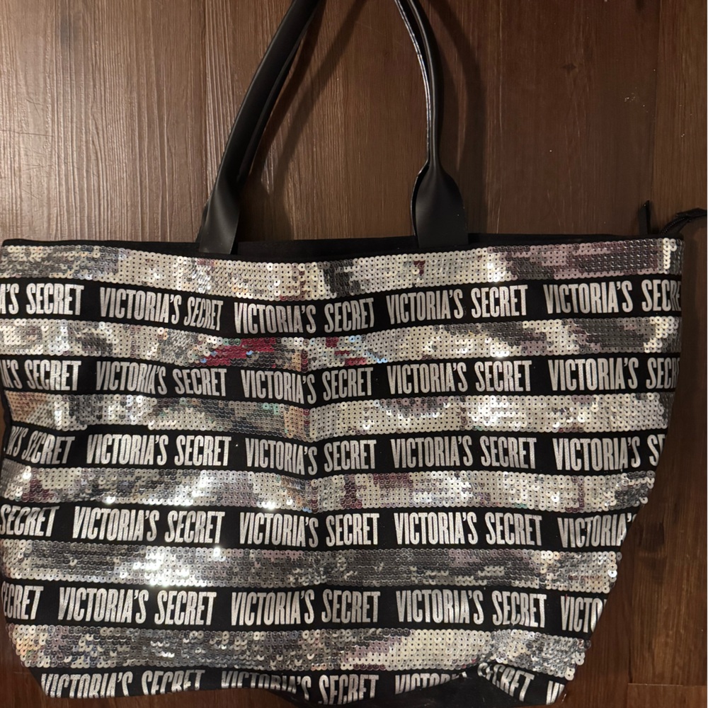 Victoria's Secret Black and Silver Sequin Logo Tote